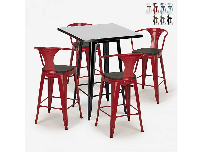 juego mesa alta negro 60 x 60 cm 4 taburetes madera metal bucket wood black - Rojo
