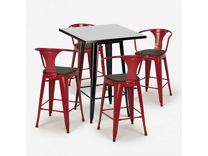 juego mesa alta negro 60 x 60 cm 4 taburetes madera metal bucket wood black - Rojo