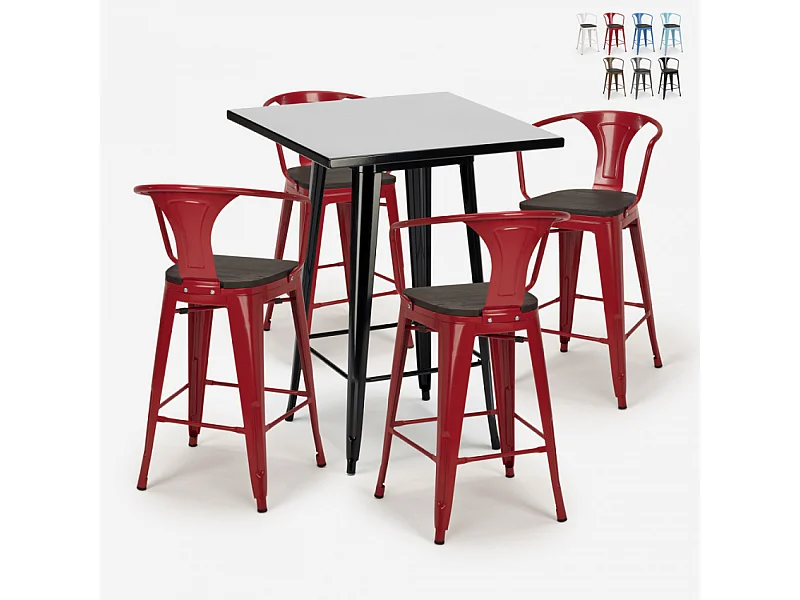 juego mesa alta negro 60 x 60 cm 4 taburetes madera metal bucket wood black - Rojo