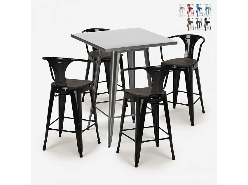 juego mesa alta industrial 60 x 60 cm 4 taburetes madera metal bucket wood - Negro