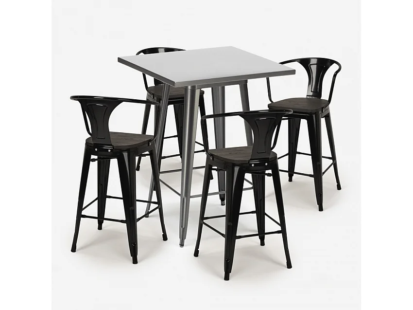 juego mesa alta industrial 60 x 60 cm 4 taburetes madera metal bucket wood - Negro