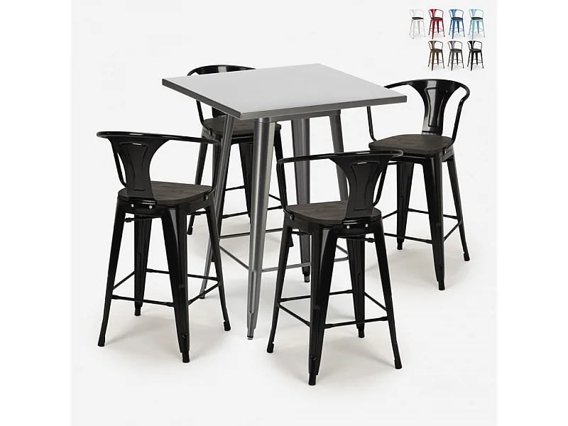 juego mesa alta industrial 60 x 60 cm 4 taburetes madera metal bucket wood - Negro