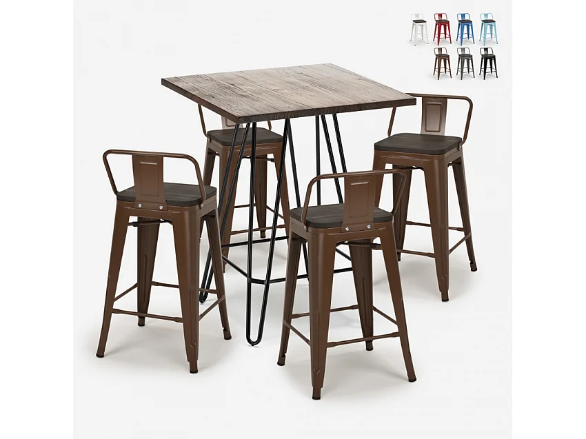 set tisch 60x60cm 4 hocker holz metall mason noix steel top - Braun