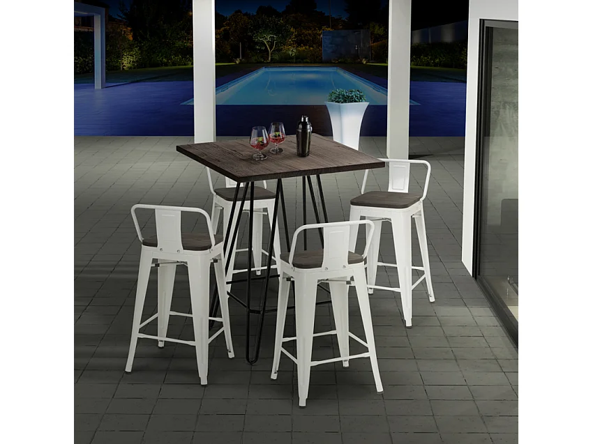 set tisch 60x60cm 4 hocker holz metall mason noix steel top - Braun