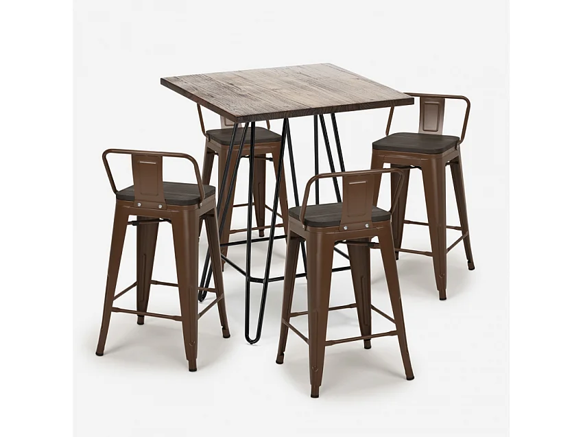 set tisch 60x60cm 4 hocker holz metall mason noix steel top - Braun