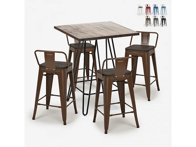 set tisch 60x60cm 4 hocker holz metall mason noix steel top - Braun