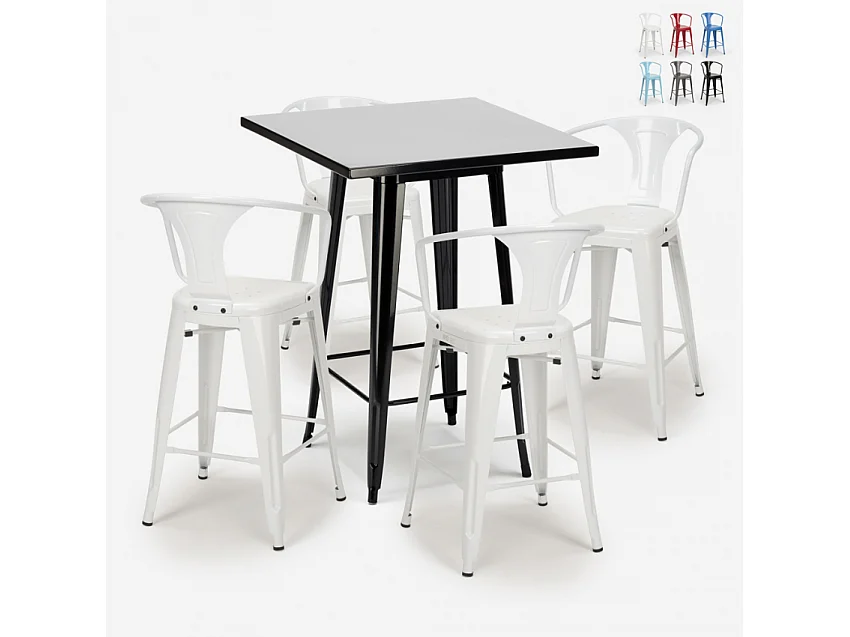 juego mesa alta negro 60 x 60 cm 4 taburetes metal bar cocina bucket black - Blanco