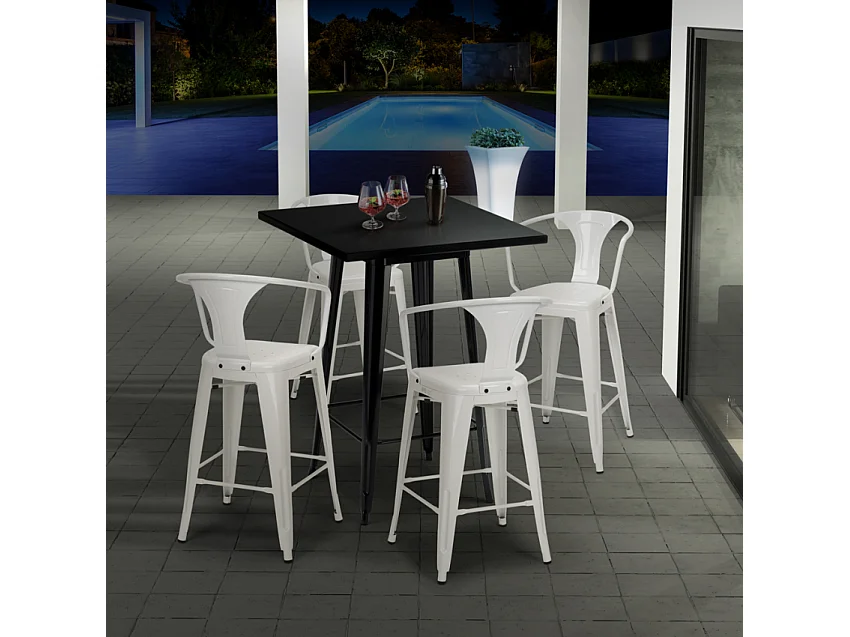 juego mesa alta negro 60 x 60 cm 4 taburetes metal bar cocina bucket black - Blanco