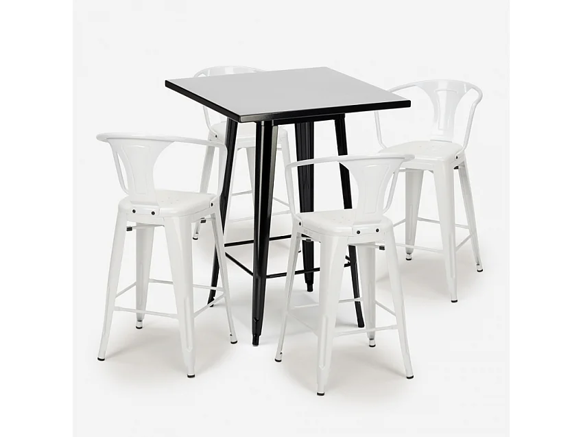 juego mesa alta negro 60 x 60 cm 4 taburetes metal bar cocina bucket black - Blanco