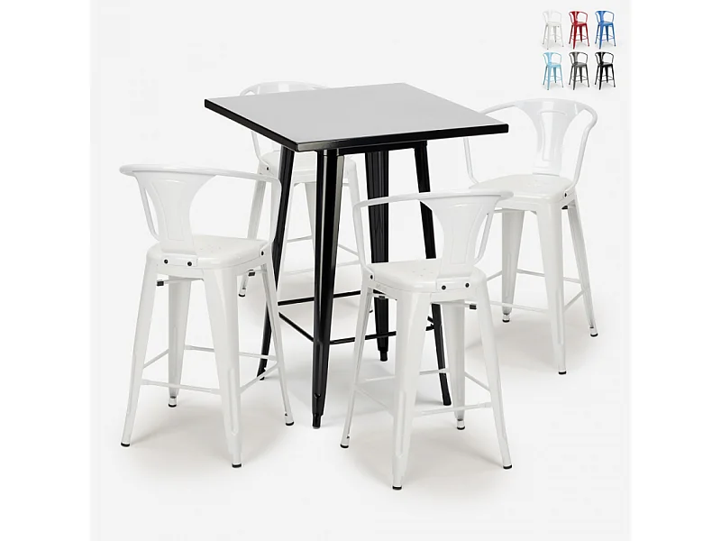 juego mesa alta negro 60 x 60 cm 4 taburetes metal bar cocina bucket black - Blanco