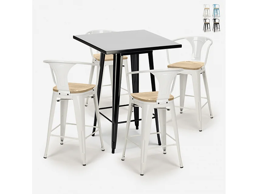 juego mesa negro 60 x 60 cm industrial 4 taburetes bucket black top light - Blanco