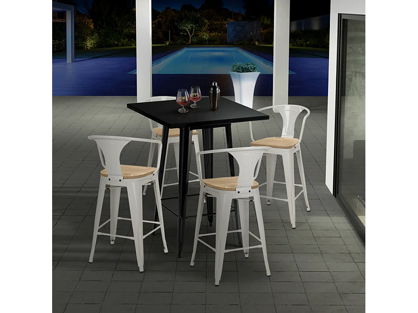 juego mesa negro 60 x 60 cm industrial 4 taburetes bucket black top light - Blanco