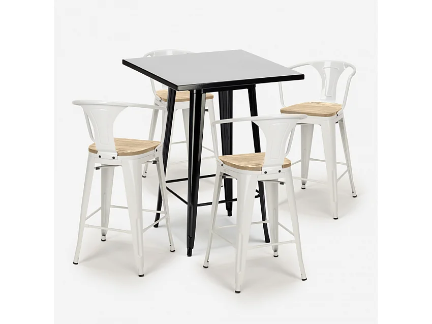 juego mesa negro 60 x 60 cm industrial 4 taburetes bucket black top light - Blanco
