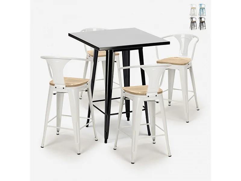 juego mesa negro 60 x 60 cm industrial 4 taburetes bucket black top light - Blanco