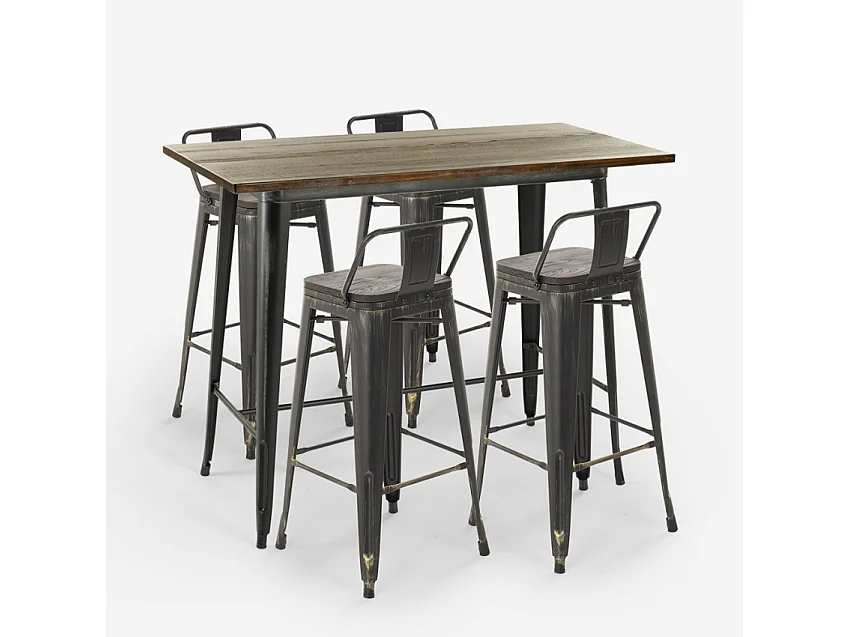 set  tisch 120x60 4 hocker mit rückenlehne vintage schwarz bar blackduck - Wenge