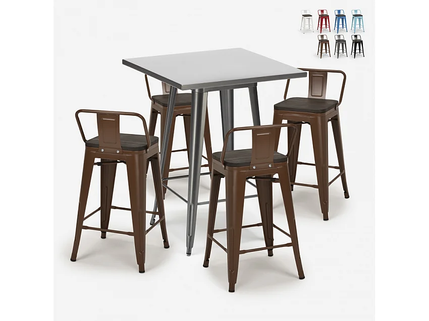 set bar cucina tavolino alto metallo 60x60cm 4 sgabelli legno buch - Marrone