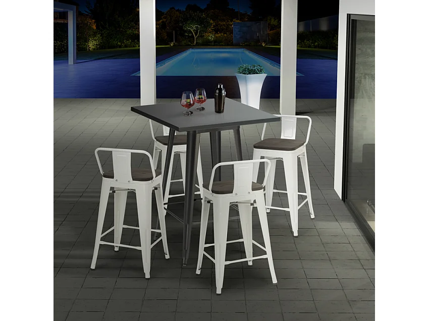 set bar cucina tavolino alto metallo 60x60cm 4 sgabelli legno buch - Marrone