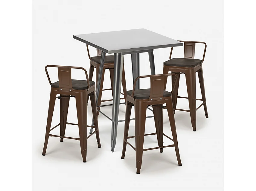 set bar cucina tavolino alto metallo 60x60cm 4 sgabelli legno buch - Marrone