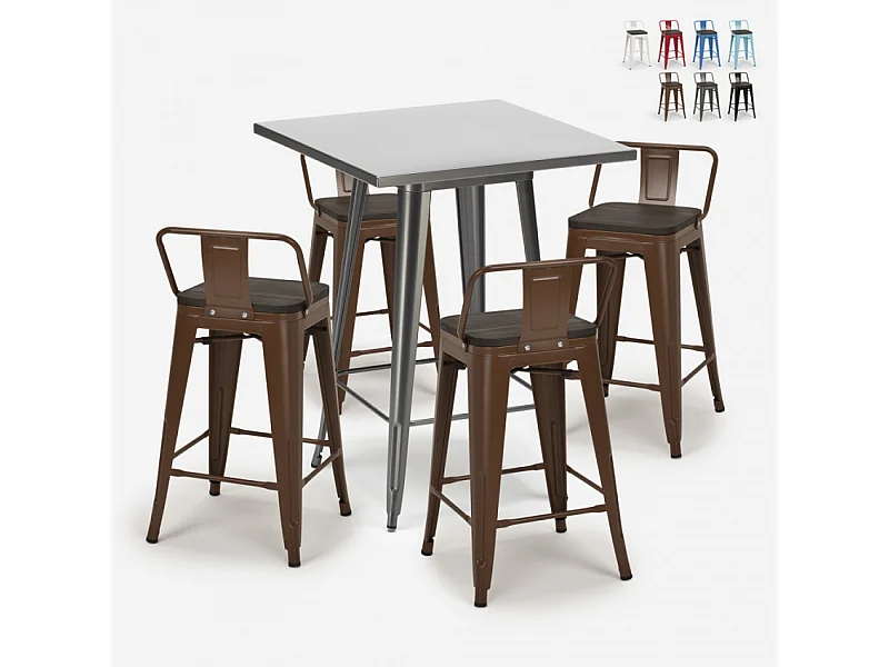 set bar cucina tavolino alto metallo 60x60cm 4 sgabelli legno buch - Marrone