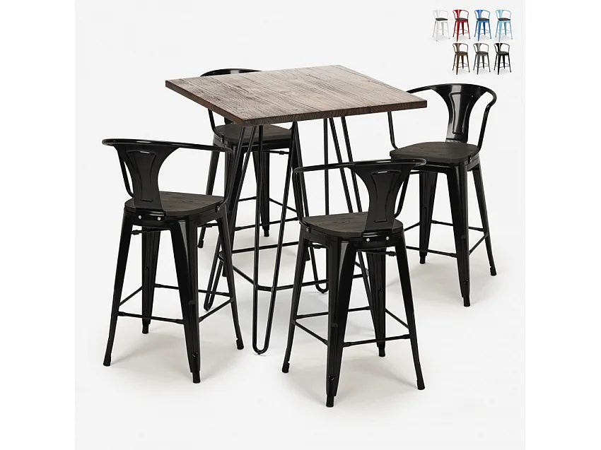 juego mesa industrial madera metal 60 x 60 cm 4 taburetes mason noix wood - Negro