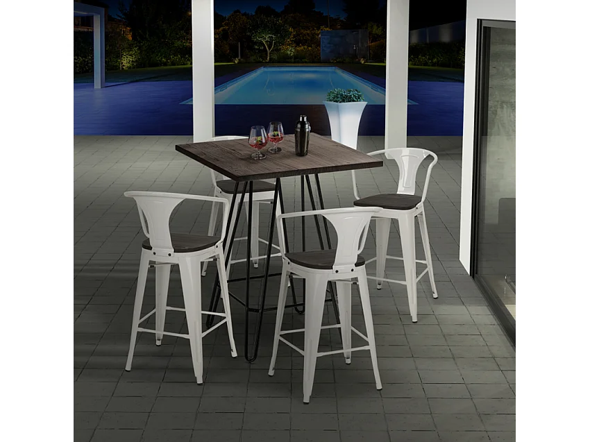 juego mesa industrial madera metal 60 x 60 cm 4 taburetes mason noix wood - Negro