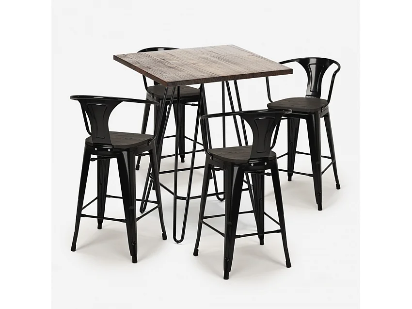 juego mesa industrial madera metal 60 x 60 cm 4 taburetes mason noix wood - Negro