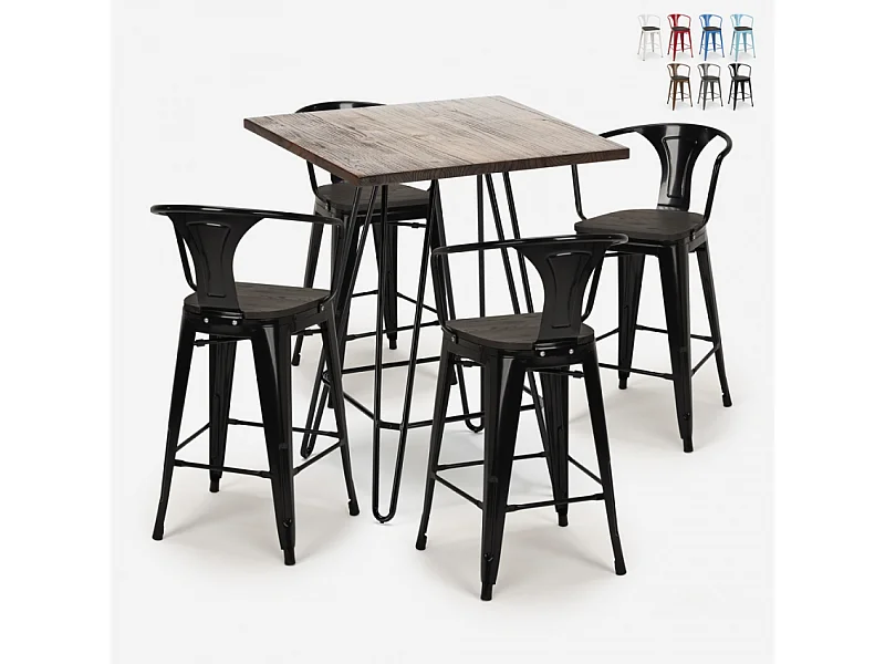 juego mesa industrial madera metal 60 x 60 cm 4 taburetes mason noix wood - Negro