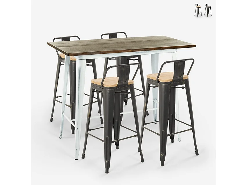 set hoher tisch 120x60 weiß 4 hocker  metall barhocker mit rückenlehne belcourt - Natur
