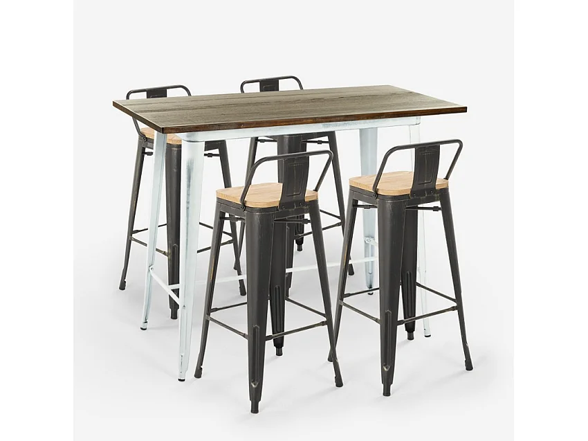 set hoher tisch 120x60 weiß 4 hocker  metall barhocker mit rückenlehne belcourt - Natur