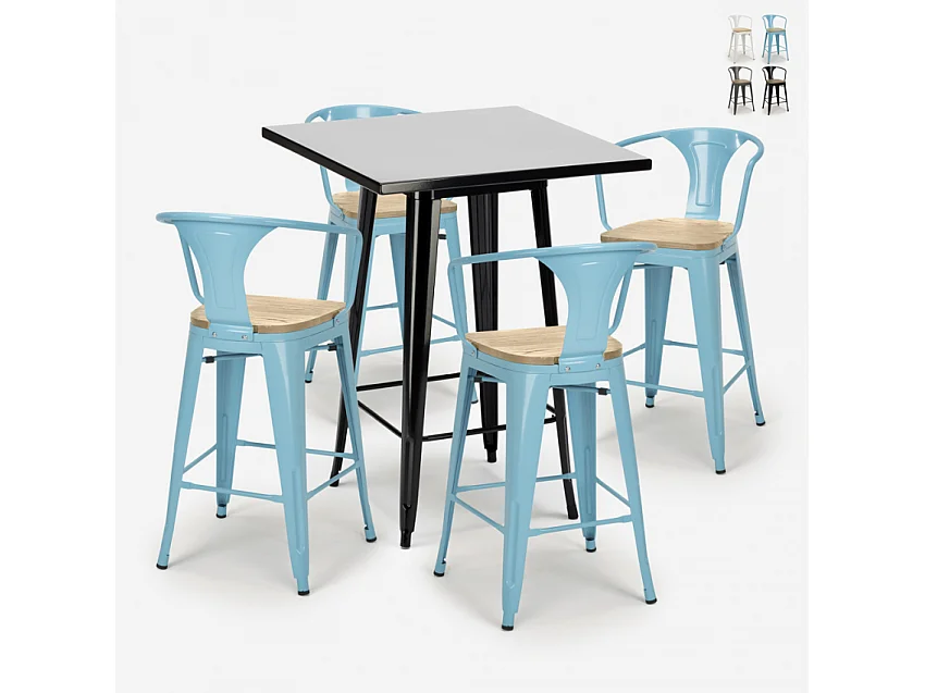 juego mesa negro 60 x 60 cm industrial 4 taburetes bucket black top light - Azul