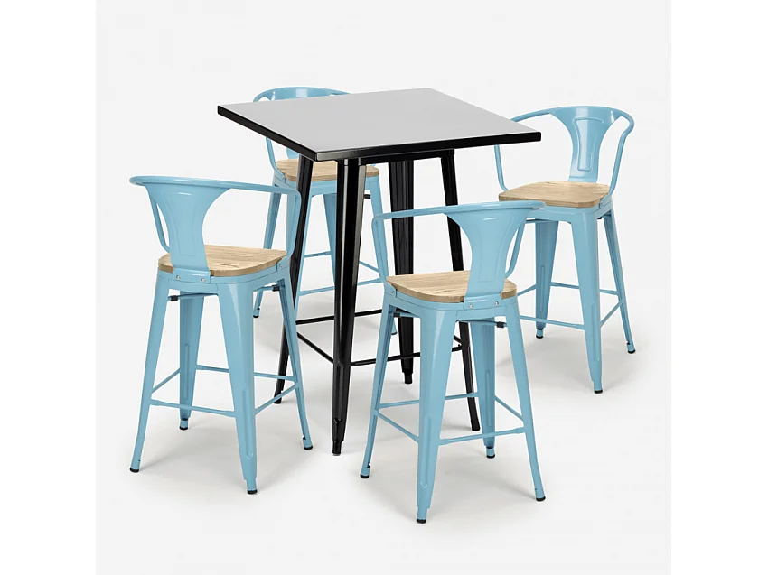 juego mesa negro 60 x 60 cm industrial 4 taburetes bucket black top light - Azul
