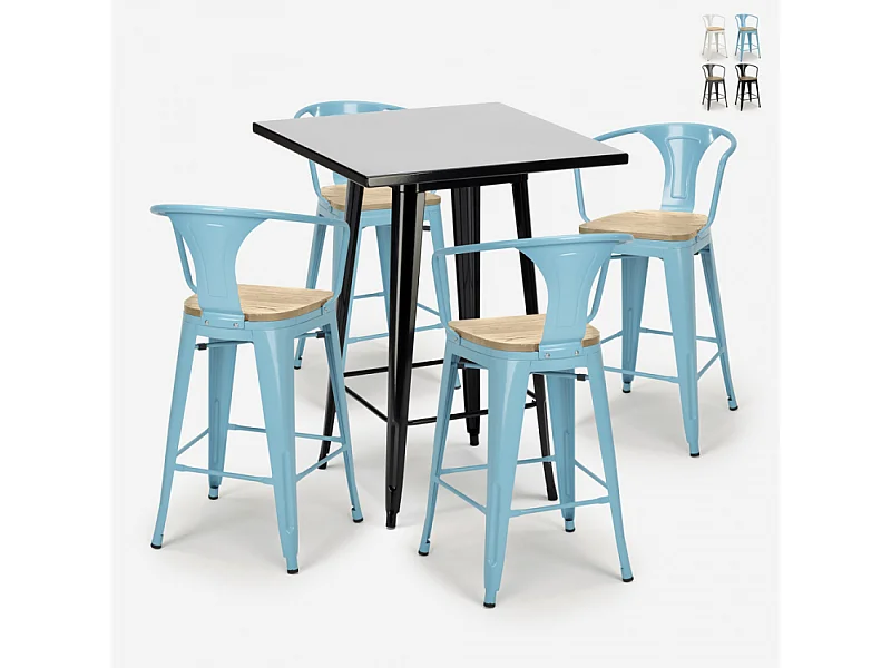 juego mesa negro 60 x 60 cm industrial 4 taburetes bucket black top light - Azul