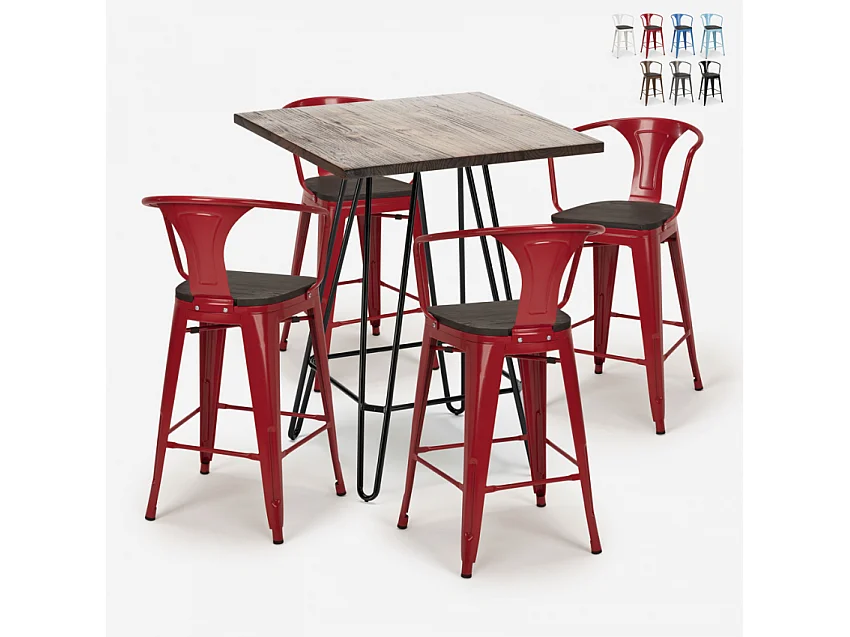 juego mesa industrial madera metal 60 x 60 cm 4 taburetes mason noix wood - Rojo