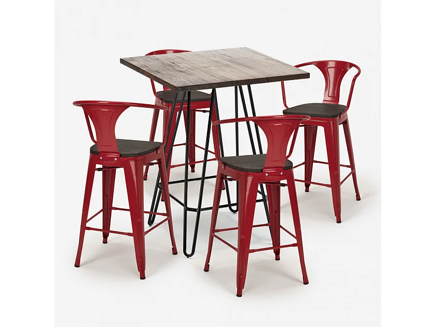 juego mesa industrial madera metal 60 x 60 cm 4 taburetes mason noix wood - Rojo