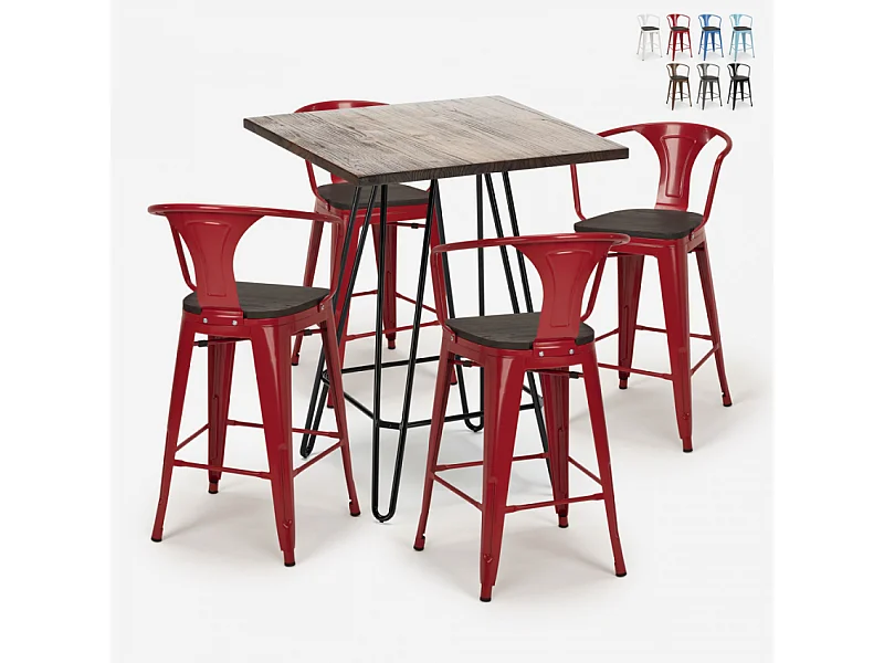 juego mesa industrial madera metal 60 x 60 cm 4 taburetes mason noix wood - Rojo