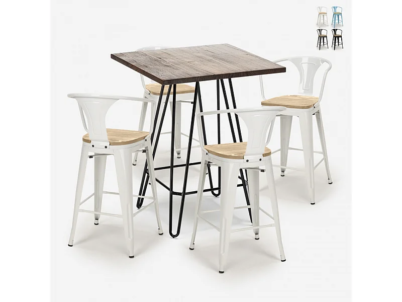 juego bar cocina 4 taburetes mesa alta 60 x 60 mason noix top light - Blanco