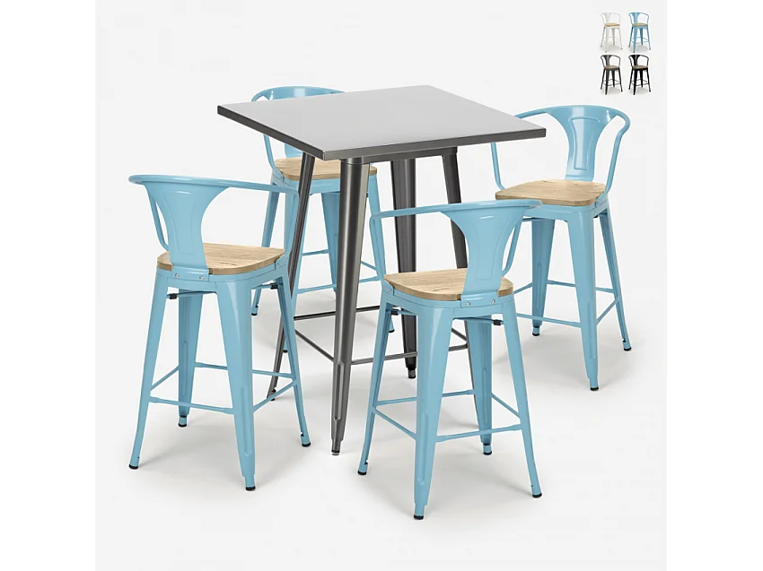 juego bar cocina industrial mesa 60 x 60 cm 4 taburetes bucket top light - Azul