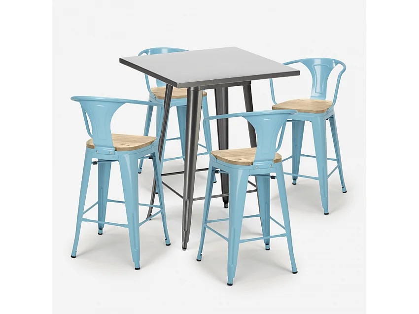 juego bar cocina industrial mesa 60 x 60 cm 4 taburetes bucket top light - Azul