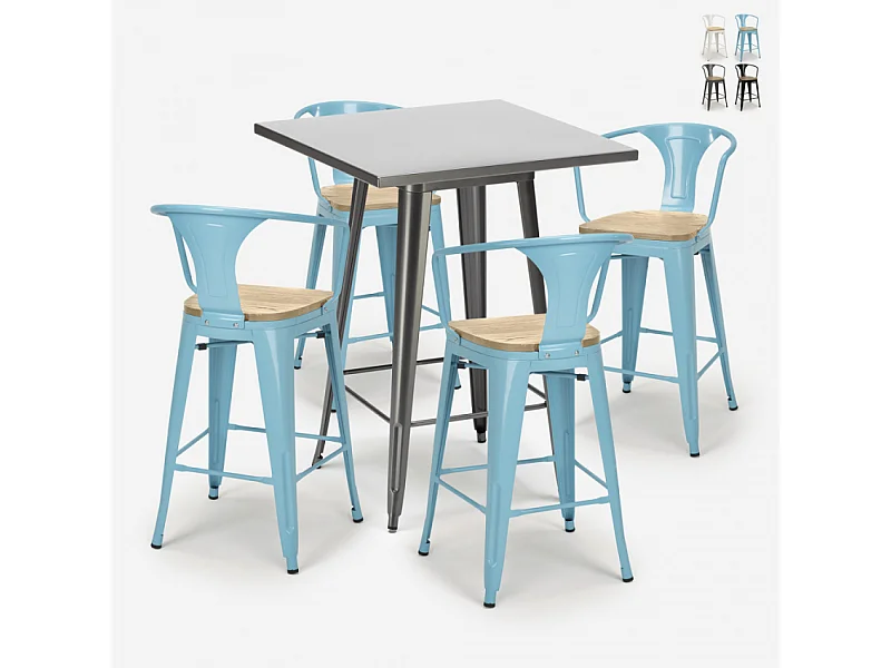 juego bar cocina industrial mesa 60 x 60 cm 4 taburetes bucket top light - Azul
