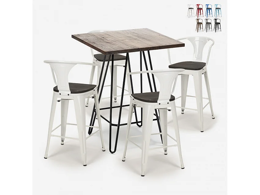 set tisch 60x60cm 4 hocker im industrie stil holz metal mason noix wood - Weiß