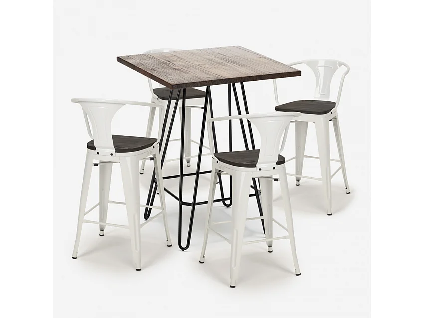 set tisch 60x60cm 4 hocker im industrie stil holz metal mason noix wood - Weiß