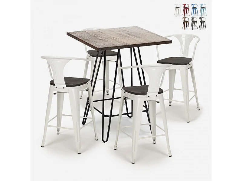 set tisch 60x60cm 4 hocker im industrie stil holz metal mason noix wood - Weiß