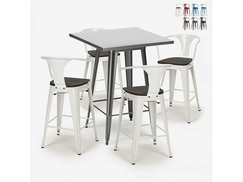 juego mesa alta industrial 60 x 60 cm 4 taburetes madera metal bucket wood - Blanco
