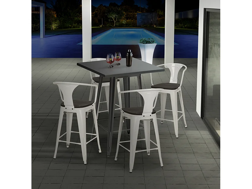 juego mesa alta industrial 60 x 60 cm 4 taburetes madera metal bucket wood - Blanco