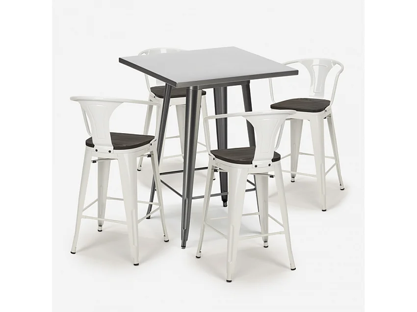 juego mesa alta industrial 60 x 60 cm 4 taburetes madera metal bucket wood - Blanco