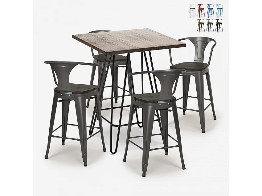 juego mesa industrial madera metal 60 x 60 cm 4 taburetes mason noix wood - Gris Oscuro