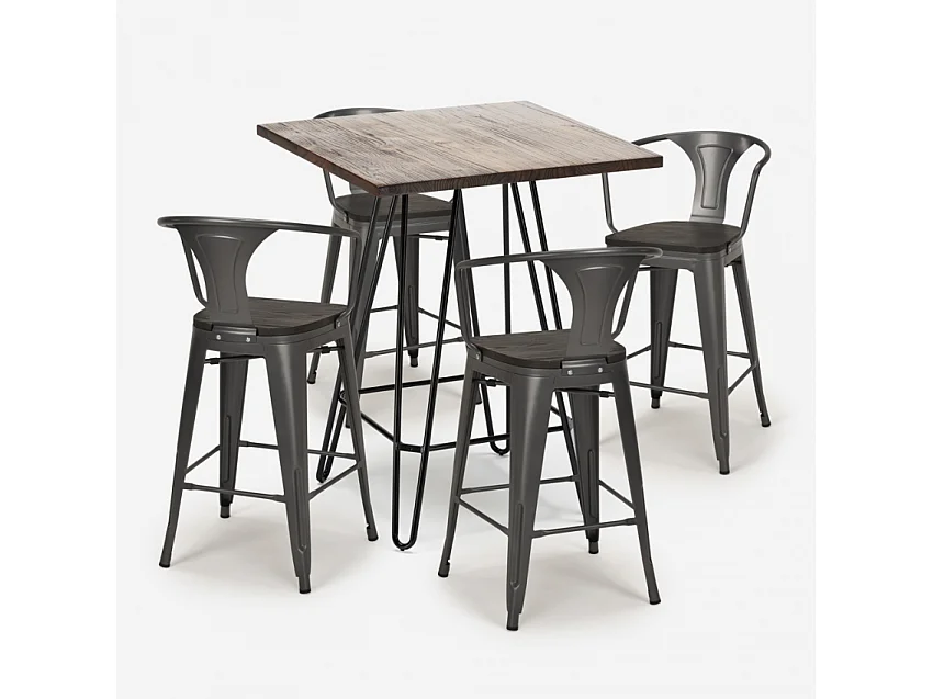 juego mesa industrial madera metal 60 x 60 cm 4 taburetes mason noix wood - Gris Oscuro