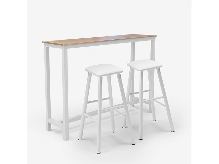 Conjunto 2 taburetes de bar tapizados en blanco y mesa alta madera metal Quincy