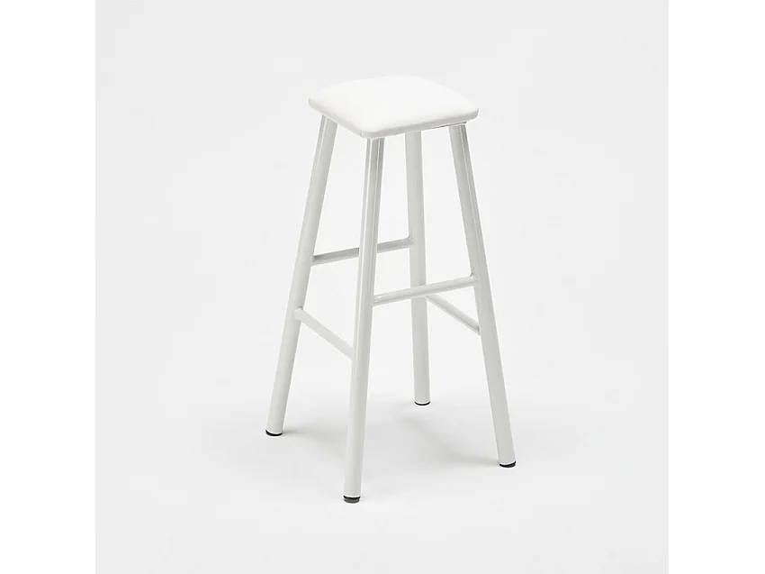 Conjunto 2 taburetes de bar tapizados en blanco y mesa alta madera metal Quincy