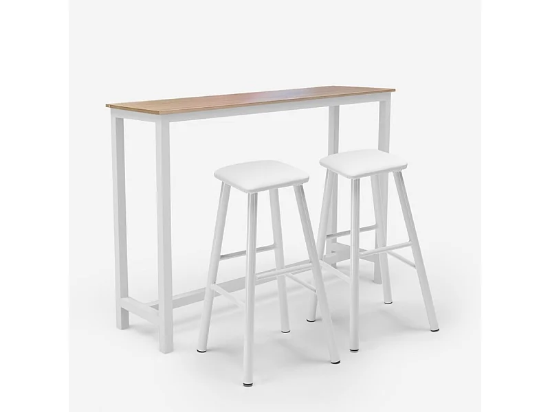 Conjunto 2 taburetes de bar tapizados en blanco y mesa alta madera metal Quincy